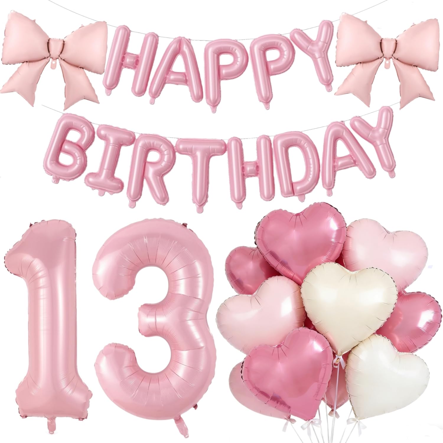 Official Teenager Happy 13th Birthday Decorations, Large 13 Number Foil Balloon 21 Inch Pink Bow 16 Inch Happy Birthday Letter Balloons Banner with 18 Inch Heart Balloons for Girls Party
