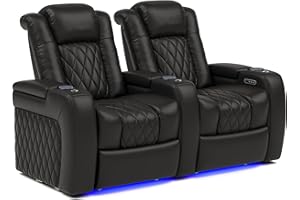 VALENCIA THEATER SEATING Valencia Tuscany Home Theater Seat - Nappa Leather Power Recliner with Cool Gel Memory Foam, USB-C/USB-A Charging, RGB LED Lights, Adjustable Lumbar & Headrest (Row of 2, Black)