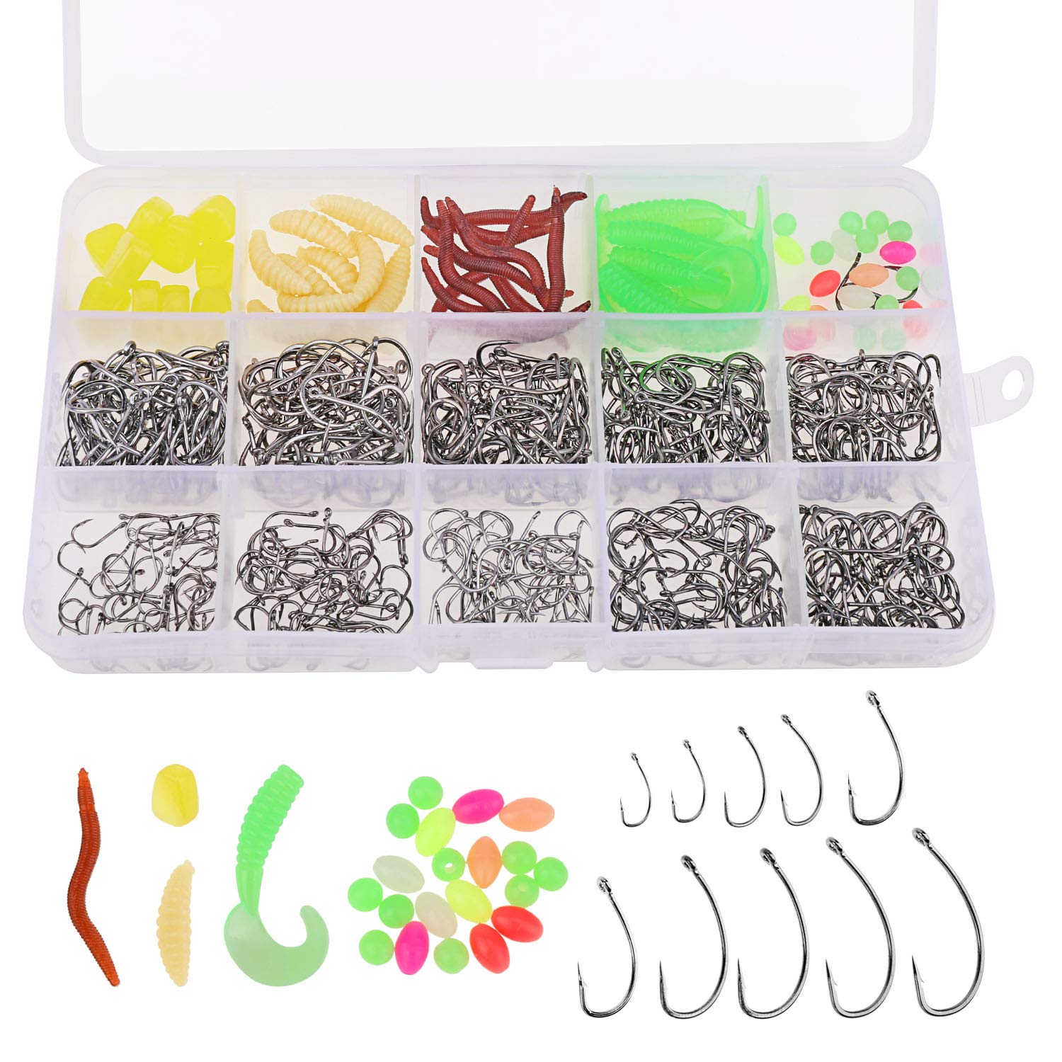550pcs Fishing Hooks and Fishing Bait set, High Carbon Steel Fish Hooks with Plastic Box(500pcs/10 Sizes 3#-12# Barbed Hooks), 4 Style Soft Plastic Worms, for Freshwater Saltwater Fish Tackle