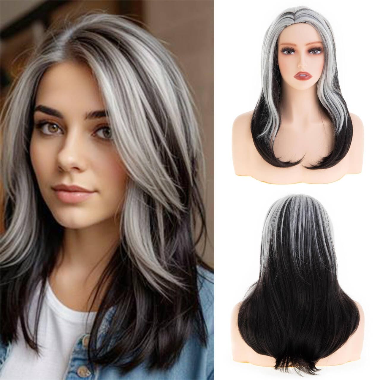 Photo 1 of Wiwige Long Straight Wigs for Women Black Mixed White Layered Synthetic Heat Resistant Wig