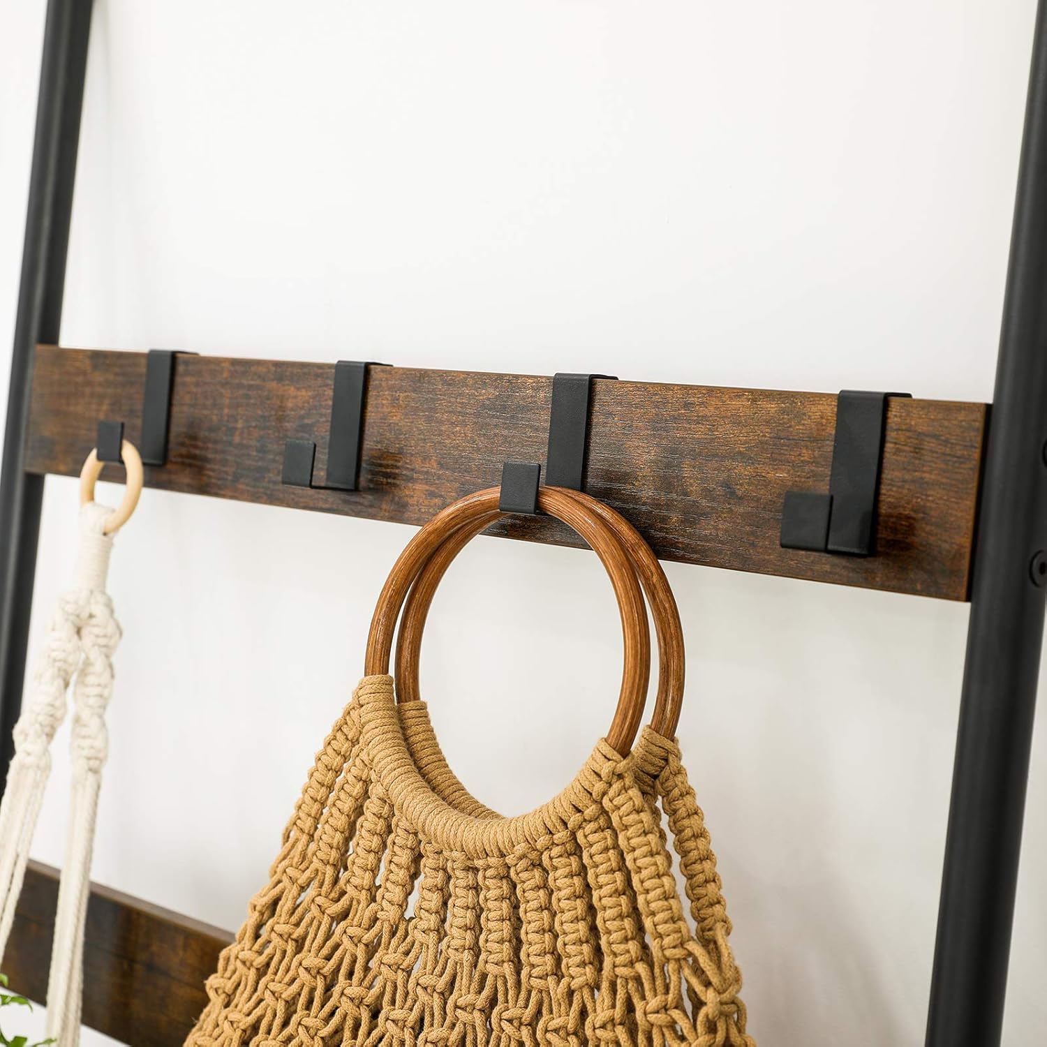 VASAGLE 5-Tier Blanket Ladder Shelf, Wall-Leaning Rack with 4 Hooks, Steel Frame, 23.6 Inch Wide, for Blankets, Scarves, Industrial Style, Rustic Brown and Black ULLS011B01: Furniture & Decor
