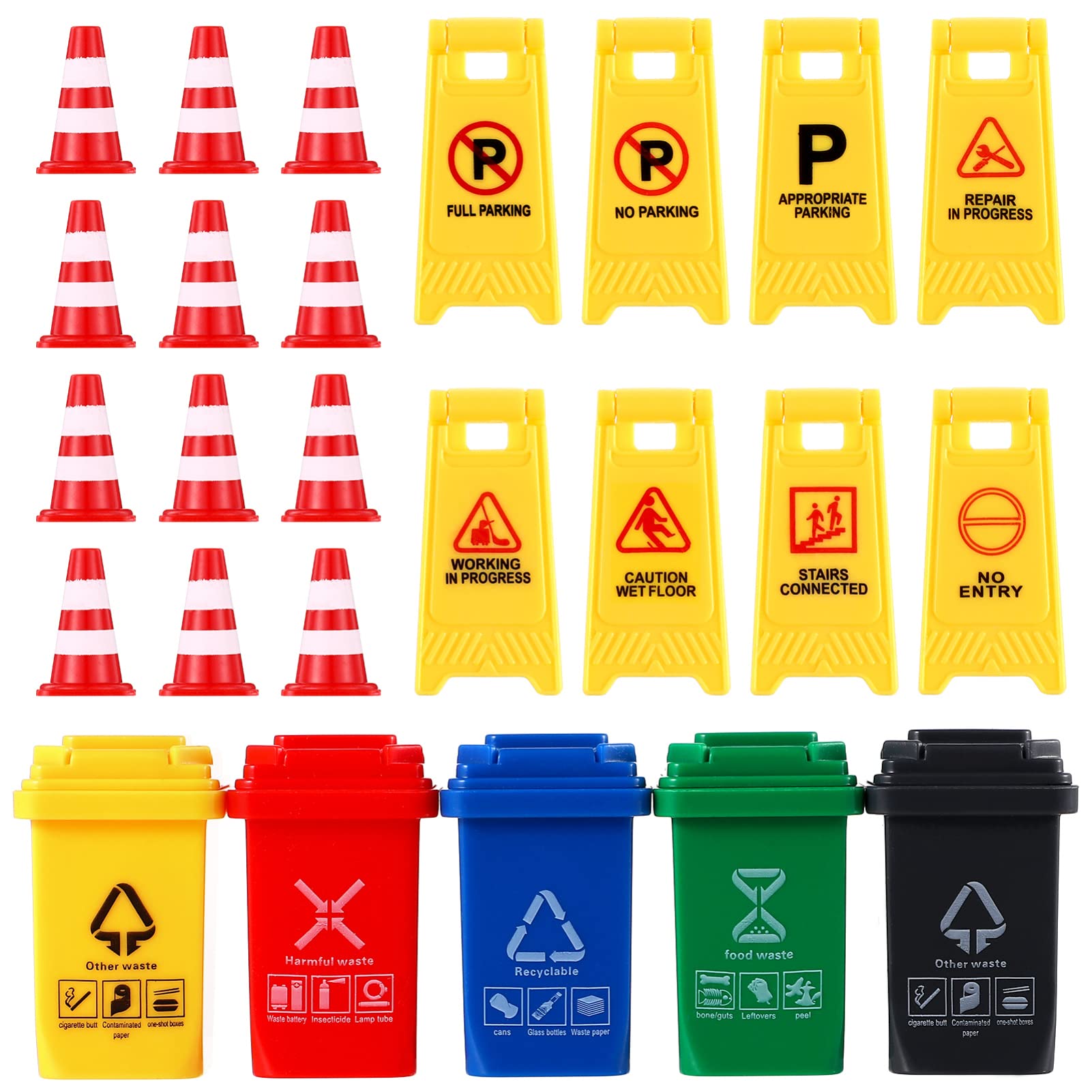 TOYANDONA Childrens Toys 25pcs Play Traffic Signs Toys For Kids Trash Cans Model Mini Traffic Roadblock Cones Street Warning Signs Playset Safety Education Toy For Boys Girls Kids