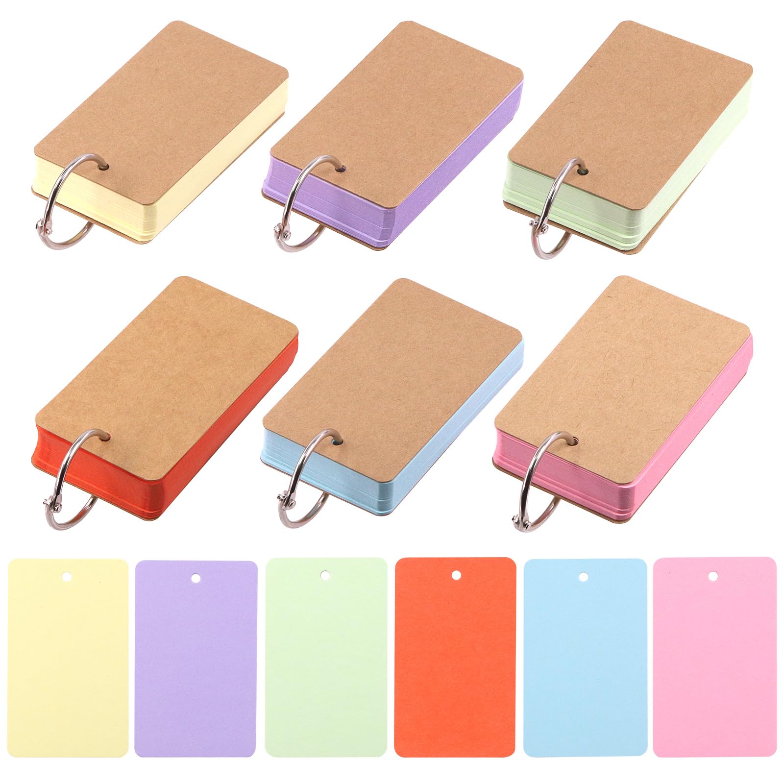 Swpeet 300 Sheets 2.1 x 3.5 Inch Colored Index Cards with Binding Rings, Notecards Index Cards, 6 Colors Easy Flip Flash Card Blank Index Cards for School Learning Memory Recipe Cards Game Card