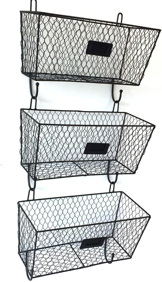 Wall Mounted Wire Hanging Basket, 3 Tier Metal Wall Storage Basket Organizer with Chalkboards, Office Garage Storage Kitchen Fruit Produce Rack, Black