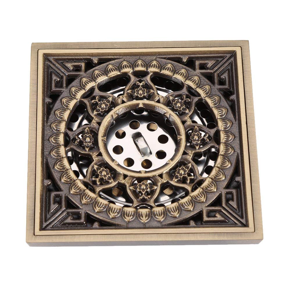 10 x 10 cm Antique Shower Drain Solid Brass Gold Floor Drain Strainer Bathroom Waste Drain for Bathroom Kitchen Balcony