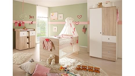 Babyzimmer 3-teilig Wiki Komplettzimmer Babybett, Wickelkommode, Kleiderschrank Sonoma Eiche sägerau