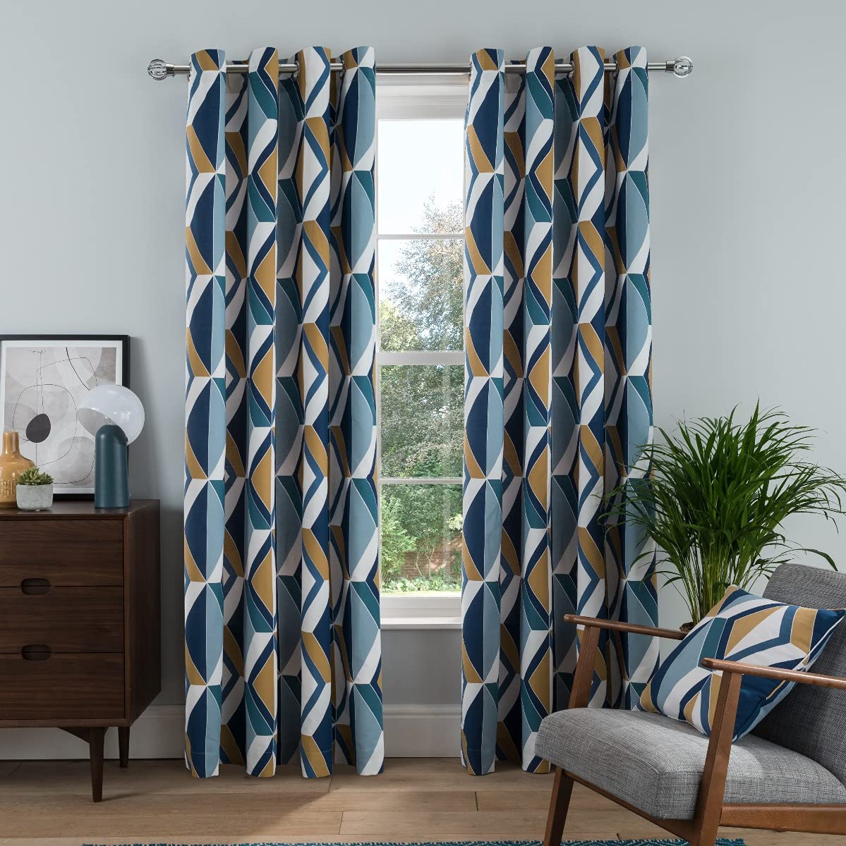 Sleepdown Printed Large Diamond Geo Eyelet Curtains for Bedroom and Living Room - Navy - 46 x 54 Inch