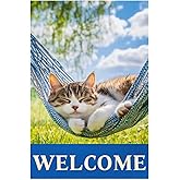 BlissYard Welcome Cat Garden Flag Double Sided 12x18 Inch Spring Summer Cat Garden Flag Small Outside House Yard Lawn Holiday Funny Garden Yard Holiday Farmhouse Outdoor Outside Decoration(ONLY FLAG)