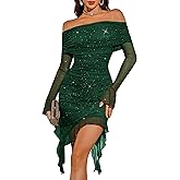 BeryLove Women's Sexy Sequin Prom Cocktail Dress Ruched Bodycon Off Shoulder Formal Party Long Sleeve Dresses