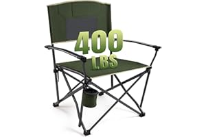 DMH OUTDOORS Oversized Folding Camping Chairs for Adults Heavy Duty Camp Chair Support 400 LBS Steel Frame Metal Arm Lawn Chairs with Swivel Cup Holder & Hollow Backrest Extra Large Outdoor Chairs Green