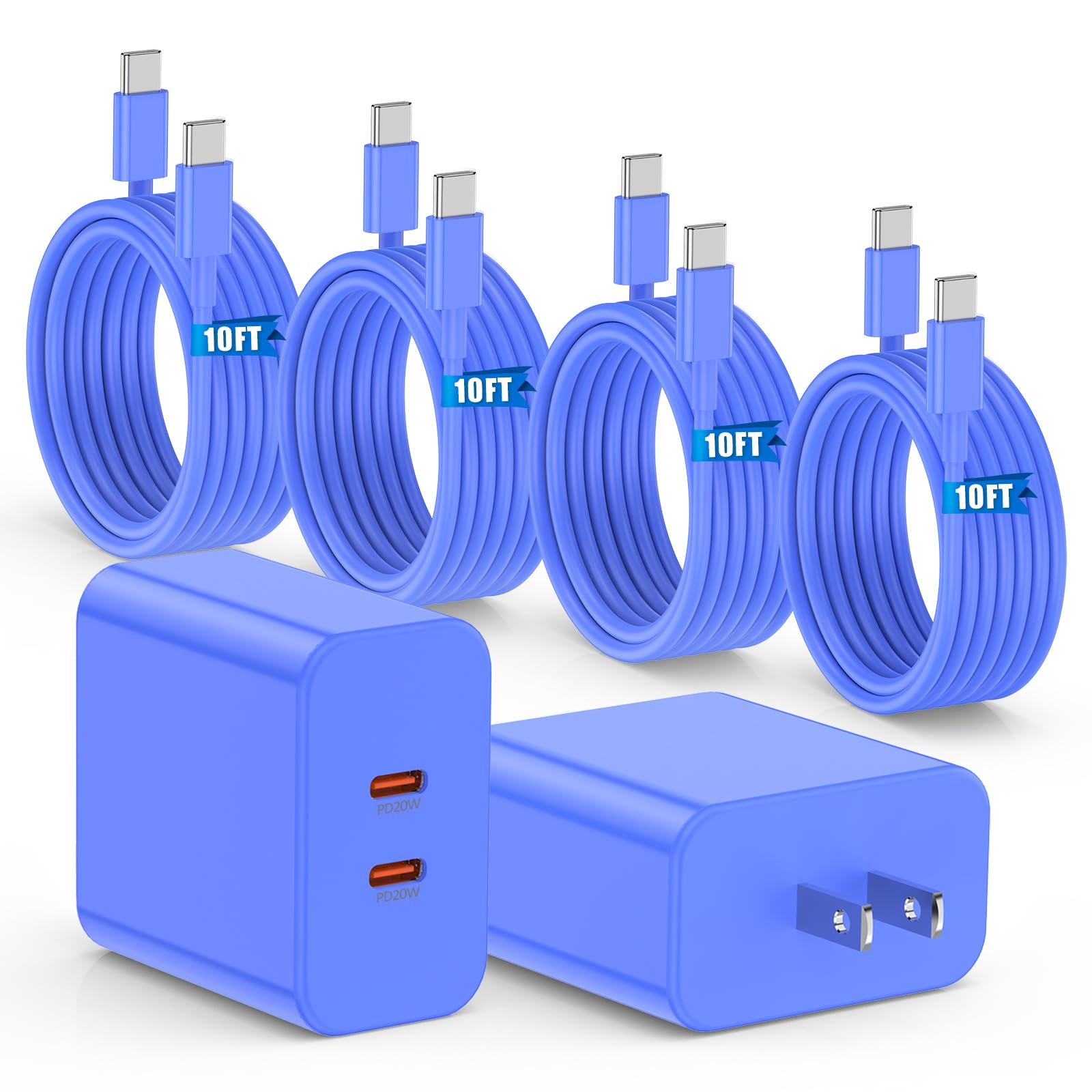40W Fast Charger for iPhone 17 16 15 Pro Max Charger Fast Charging,2Pack Dual Port USB C Charging Block with 4Pack 10FT USB-C to C Charger Cord for iPhone 17 16 15 Series/iPad Pro-Blue
