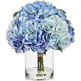Hollyone Blue Hydrangea Artificial Flowers in Vase Latex Real Touch Large Faux Hydrangea Flowers Arrangements Hydrangeas Fake Flower with Glass Vase with Faux Water for Table Centerpiece Home Decor 