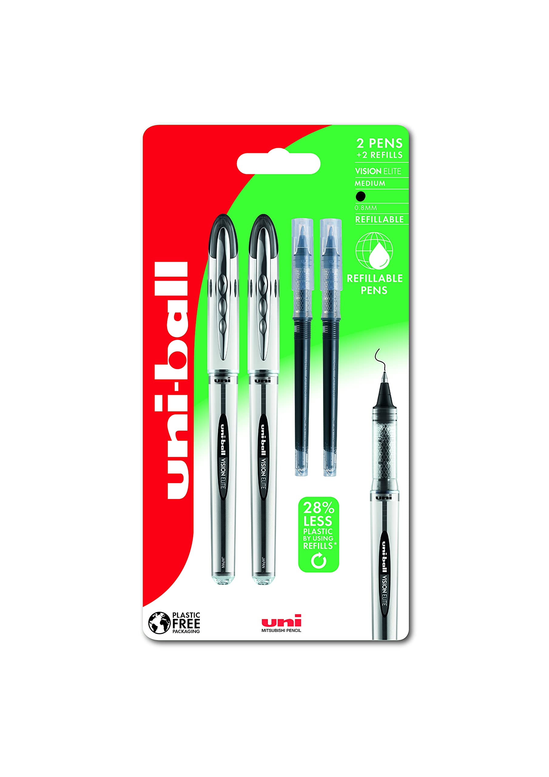 uni-ball UB-200 Vision Elite Rollerball Pens. Premium Medium 0.8mm Ballpoint Tip for Super Smooth Handwriting, Drawing, Art, Crafts and Colouring. 2 Pens + 2 Refills with Black Uni Super Ink