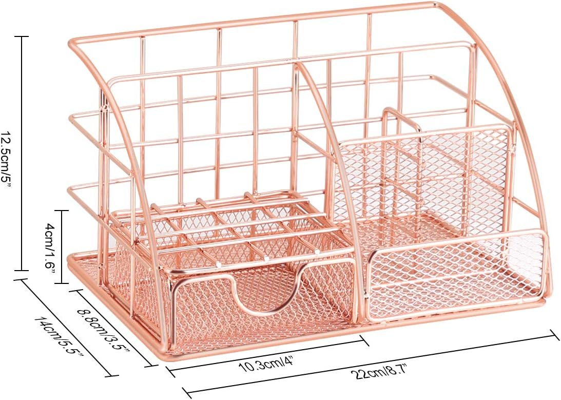 Rose Gold Desk Organizer with Drawer,File Tray and 4 Upright Sections for Pen,Marker,Paper etc, Mesh Metal Multi-Use Stationery Desktop Organizer for Office,School,Home: Home Improvement