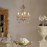 ALOADECOR 4-Light W14 in. French Country Chandelier Antique Gold Small Crystal Chandeliers for Dining Room Vintage Swag Lamp 