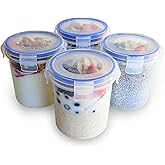Overnight Oats Container with Lids (4-Piece set) - 16 oz Plastic Containers with Lids - Oatmeal Container to go | Portable Cereal and Milk Container on the go | Airtight Snap Lock Storage Jars
