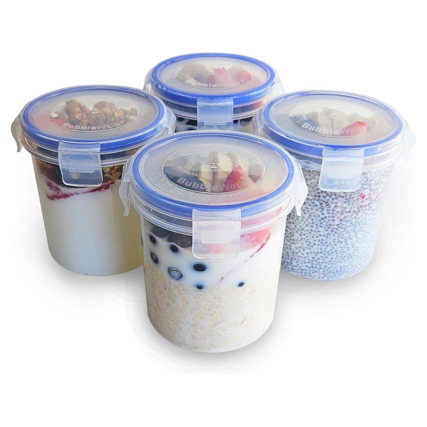 BubbleWally Overnight Oats Container with Lids (4-Piece set) - 16 oz Plastic Containers - Oatmeal Container to go | Portable Cereal and Milk Container| Snap Lock Storage Jars with Airtight Lids