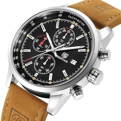 Timewheel Chronograph Brown Leather Quartz Analog Watches Men Waterproof Date Stainless Steel Black Dial Mens Wrist Watch