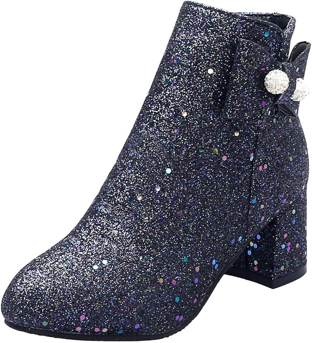 LUXMAX Damen Chunky Heels Ankle Boots Glitzer Stiefeletten mit