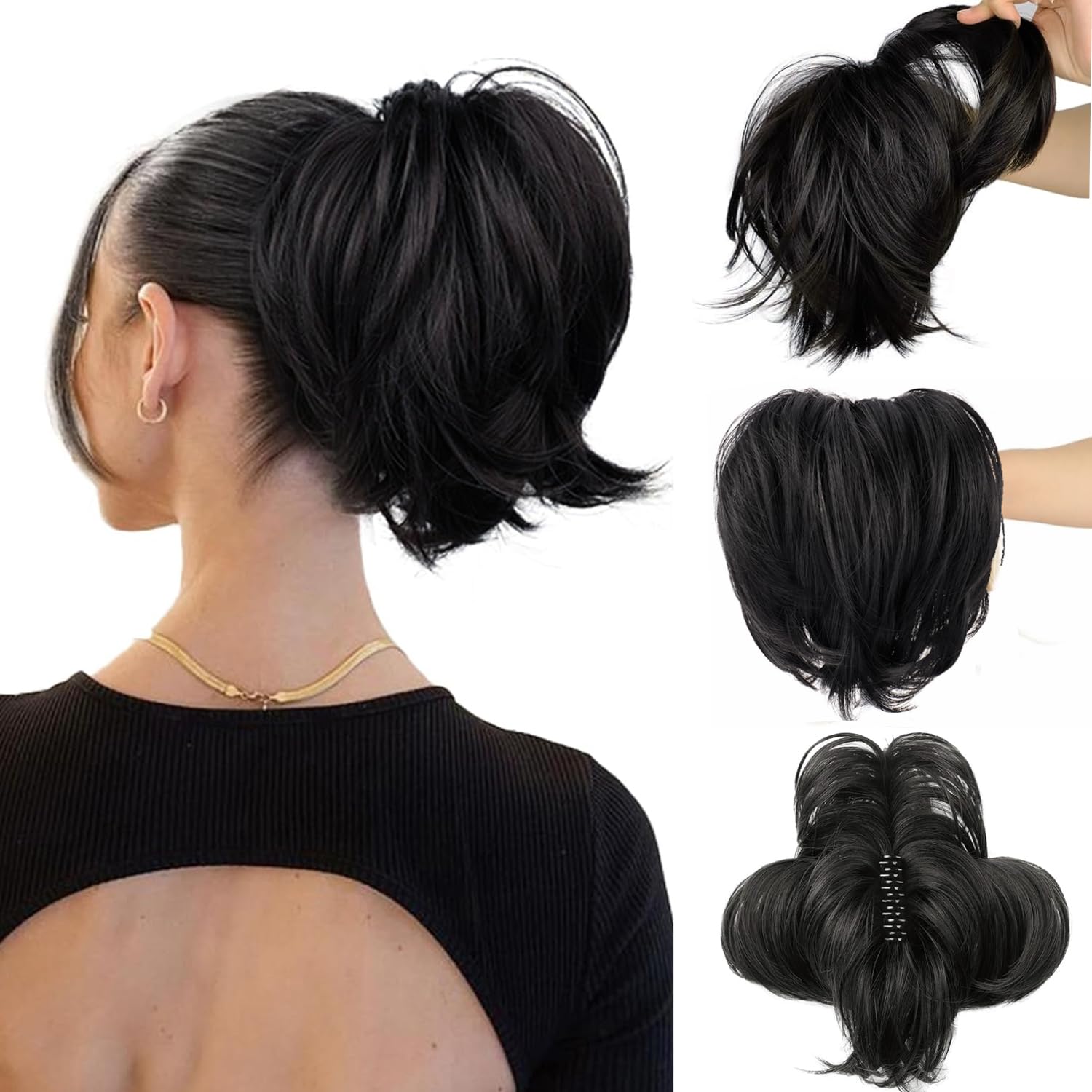 PORSMEER Claw Clip in Short Ponytail Hair Extension with Bendable Metal Wire Hair Pieces for Women Messy Bun Hair Piece, Fake Pony Tail DIY Styles (Black)