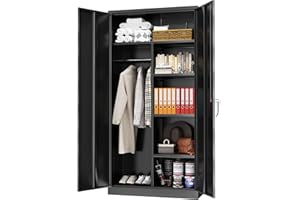 Greenvelly Metal Storage Wardrobe Cabinet with Doors, Black 72” Steel Wardrobe Closet, Employees Locker Closet Clothing Coat Steel Wardrobe Cabinet with Hanging Rod for Home Office Room School