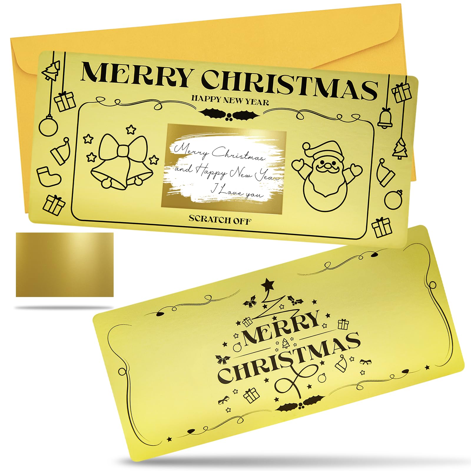 1 Set Christmas Card with Envelope,Christmas Scratch Card Surprise Gift Reveal, 20cmx9cm Happy New Years Card, Golden Ticket for Writing Your Own Special for Girlfriend,Wive,Family,Friend,Kid