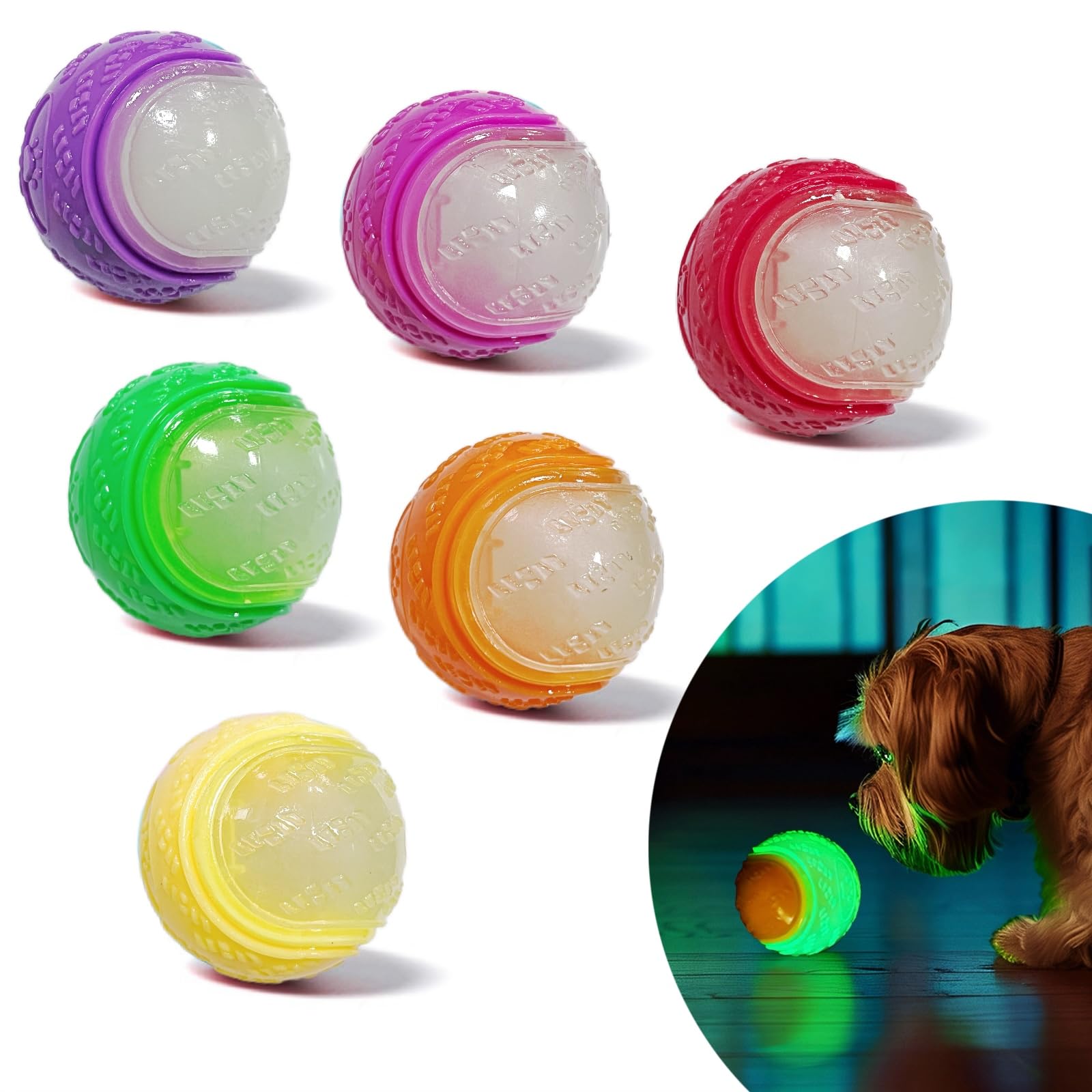 Irunfast 6Pcs Glow in the Dark Dog Balls, 6.5cm Squeaky Dog Balls Puppy Teeth Cleaning Chew Toys Interactive Training Light Up Ball
