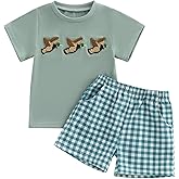 Rourufy Toddler Baby Boy Summer Outfit Infant Short Sleeve Hunting Fish Embroidery Tops Shorts 2pcs Set Kids Cute Clothes