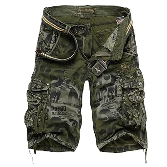 crazyplayer Summer Cargoshorts Cargobermudas Kurze Hose für Herren Männer aus Reine Baumwolle in Armee-Camouflage Grau Grün B