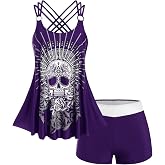 Rosegal Womens Plus Size Modest Skull Rose Print Rings Crisscross Boyshorts Tankini Swimsuit Set