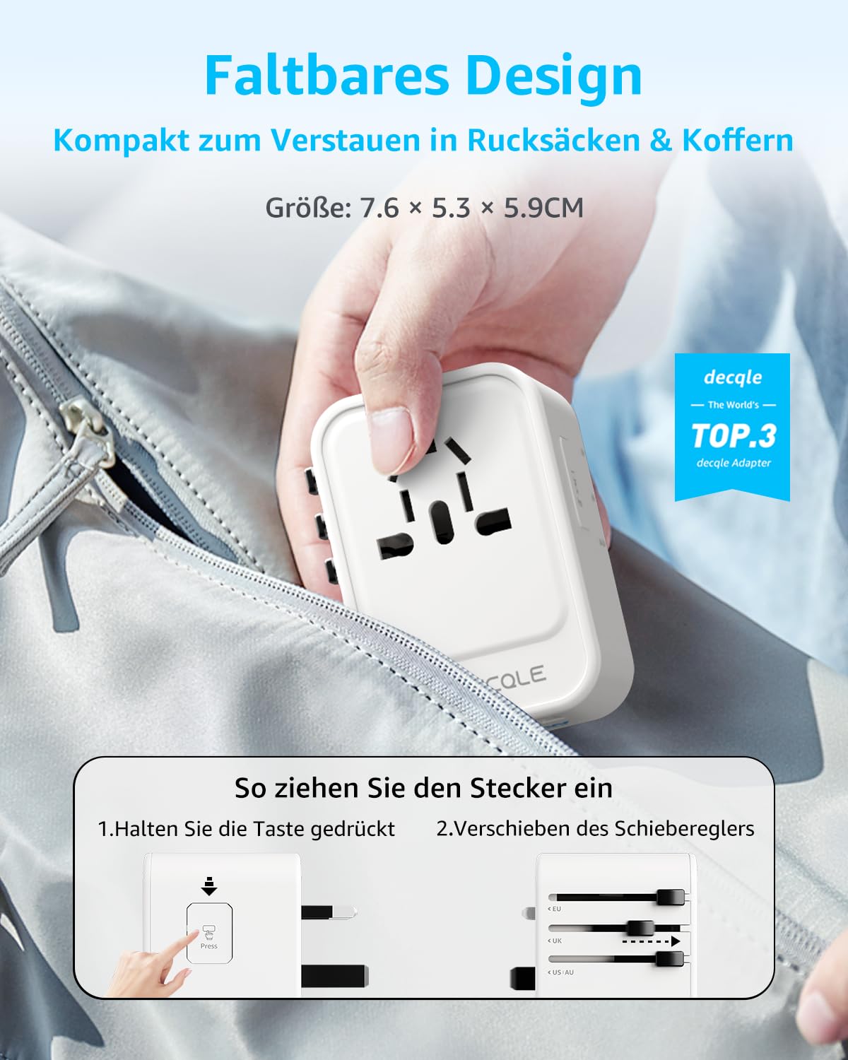 decqle Reiseadapter Weltweit, Universal Reisestecker mit 2 USB-C (PD 20W), 1 USB-A und 1 AC Steckdose, Internationaler Steckdosenadapter, AC Adapter Universaladapter für EU, UK, US, AU (Weiß) 5