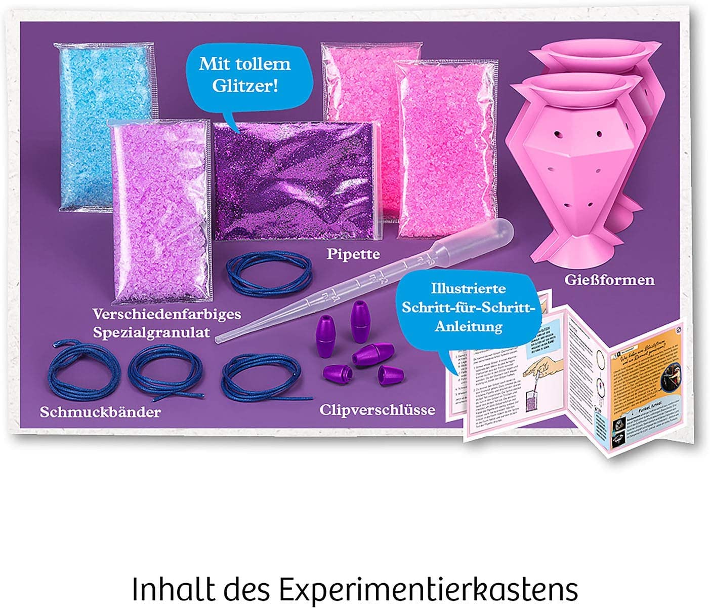 KOSMOS 657758 Glitzer-Diamanten, Funkelnde Schmuck-Anhänger erstellen und gestalten, mit Gießformen, Schmuckbändern, Glitzer, Granulat in 3 Farben, Experimentierset für Kinder von 8-12 Jahren 2