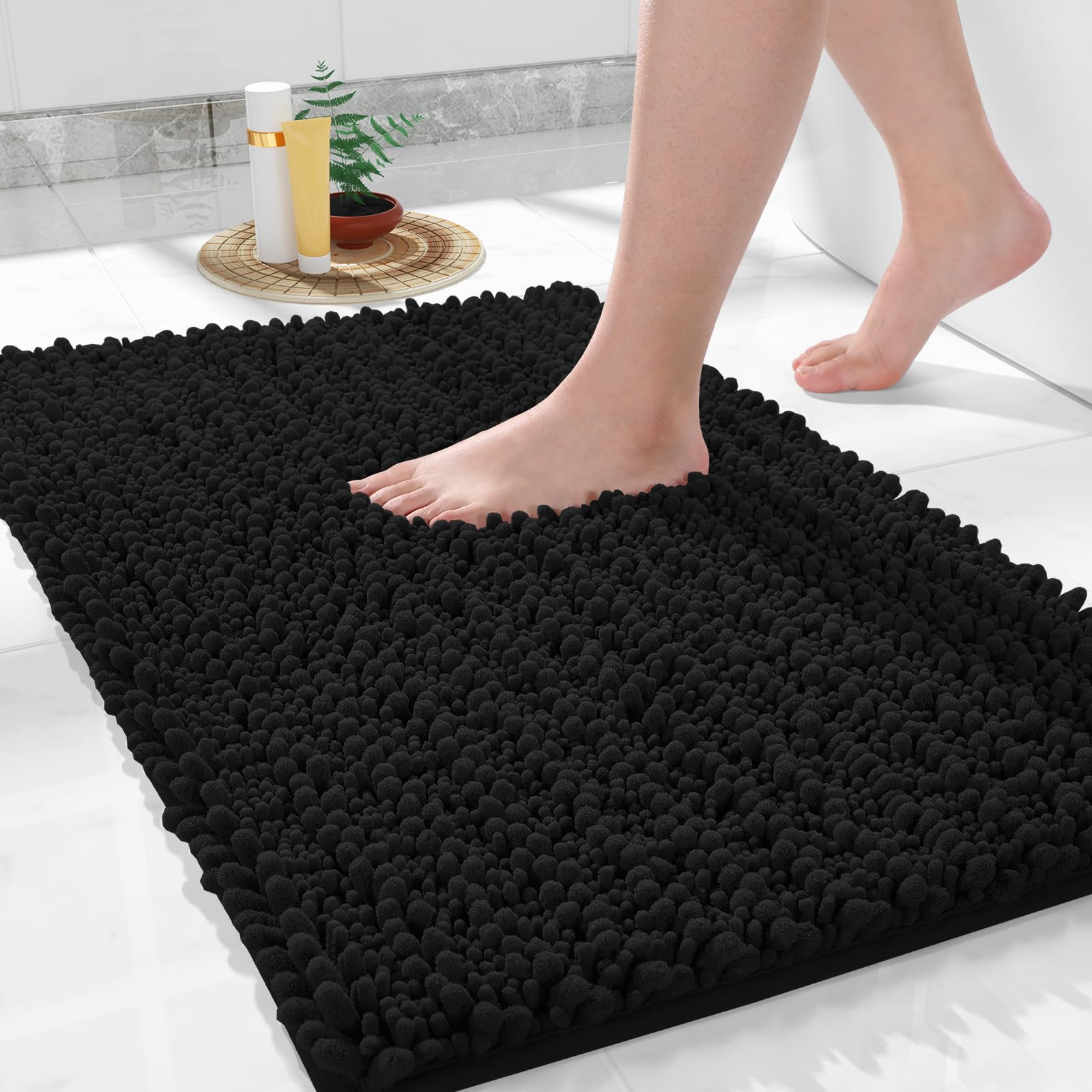 Photo 1 of Yimobra Bathroom Rugs Non Slip Washable 24x17 Inch - Ultra Soft Absorbent Chenille Bath Mat, Quick Dry Shaggy Floor Carpet for Tub Shower, Black Home Decor Accessories