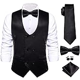 Hi-Tie Mens Silk Double-Breasted Suit Vest Tie Pretied Bowtie and Pocket Square Cufflinks Slim Fit Wedding or Business Tuxedo