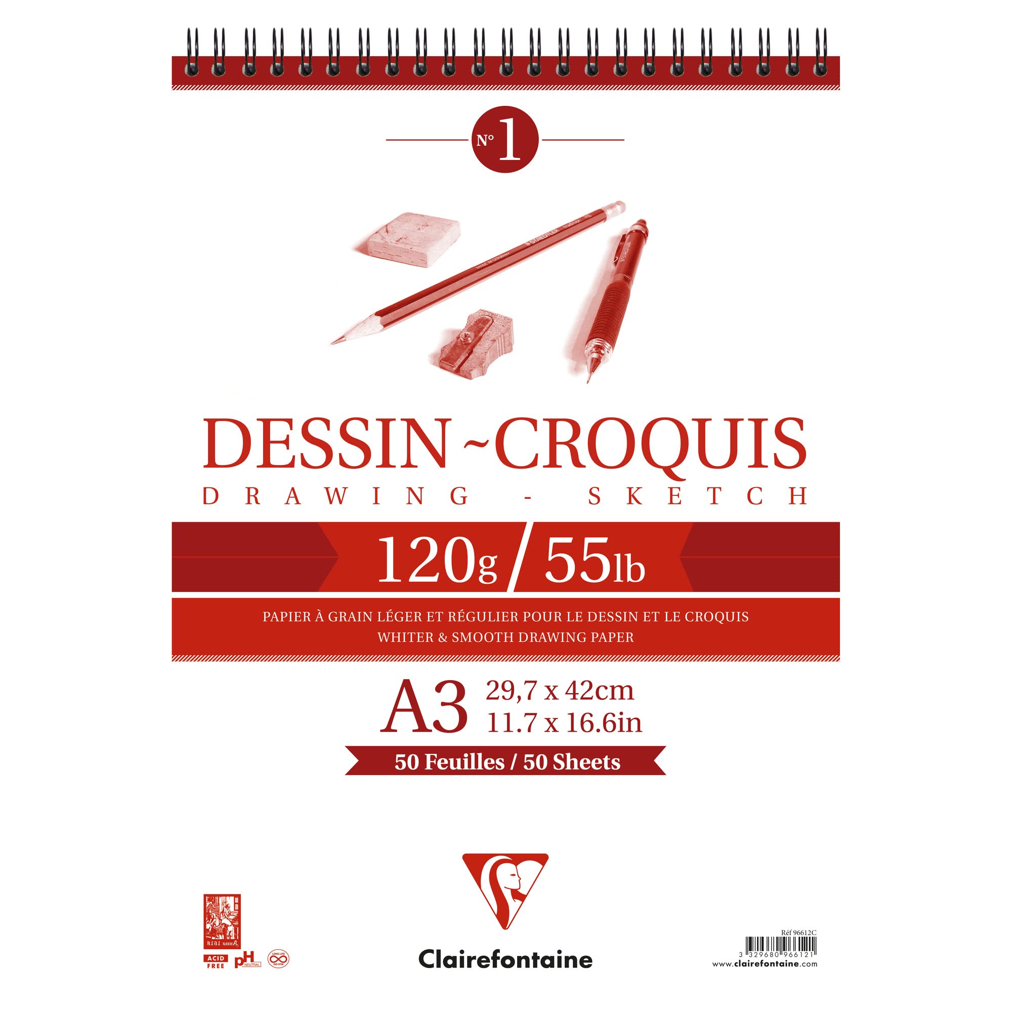 Clairefontaine - Ref 96612C - Wirebound White Drawing Sketch Pad (50 Sheets) - A3 Sized, 120gsm Paper, White & Smooth Drawing Paper, Acid Free, pH Neutral