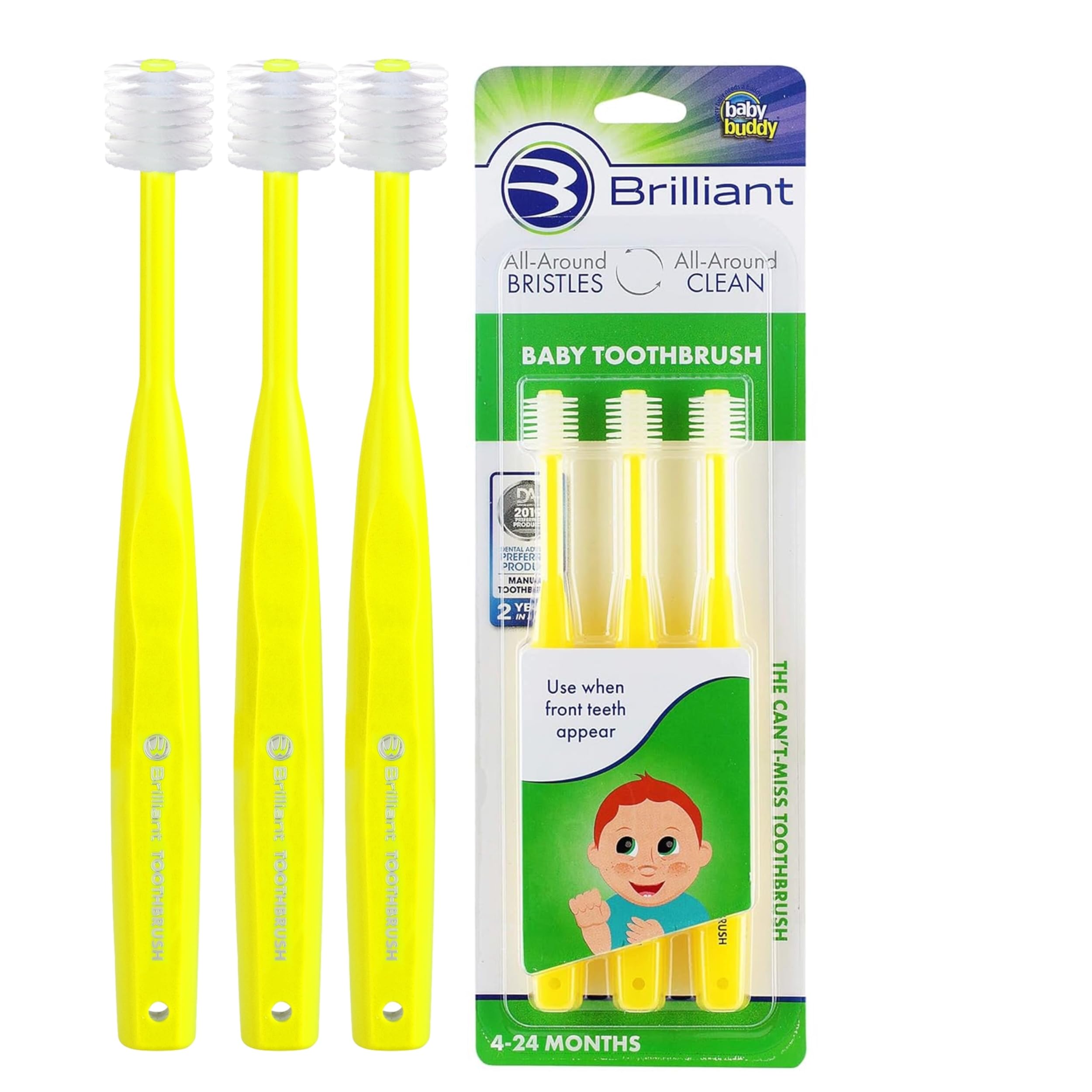 Brilliant Baby Toothbrush by Baby Buddy from Brilliant Oral Care, Babys First Toothbrush - for Babies 4 Months Old Through Toddlers - 2 Years Old, Clean Whole Mouth, Yellow, 3 Count