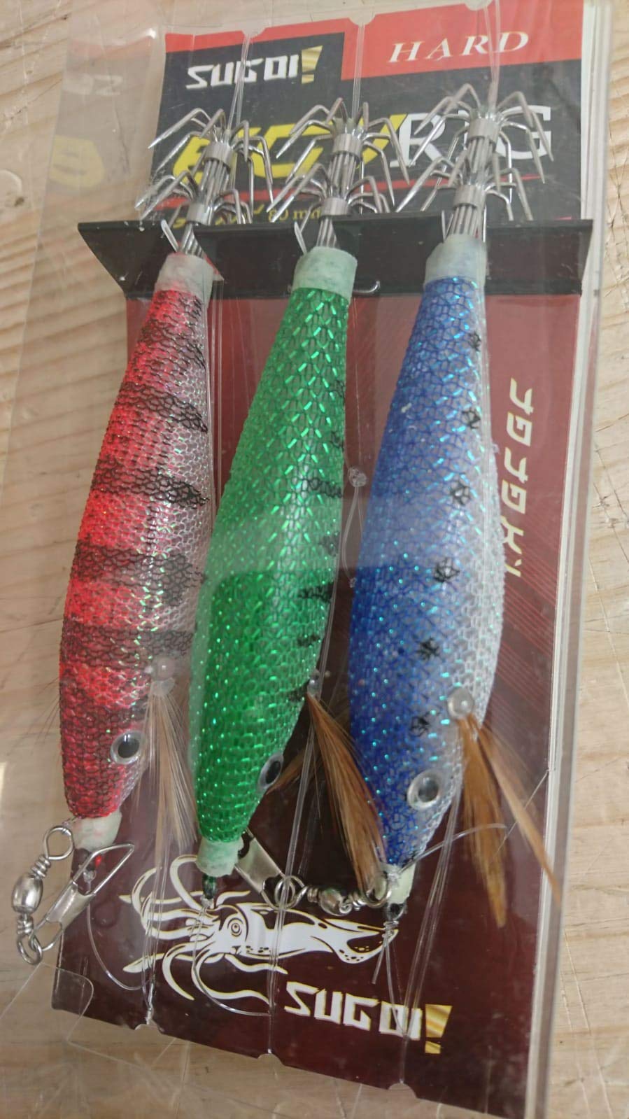 Sugoi Fishing line ready for squid, EGI Ring 01, ready for fishing with three artificial mounted