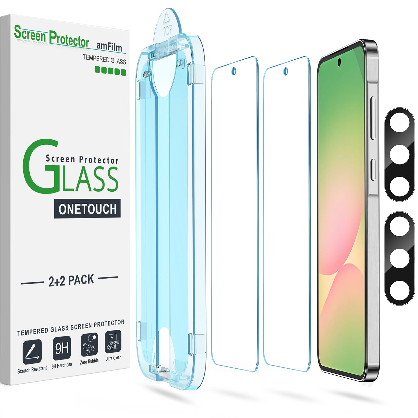 Photo 1 of amFilm Auto-Alignment OneTouch for Samsung Galaxy A56 5G 6.7" Screen Protector + Camera Lens Protector, Tempered Glass, 30 Seconds Installation, Bubble Free, Case Friendly, Anti-Scratch [2+2 Pack]