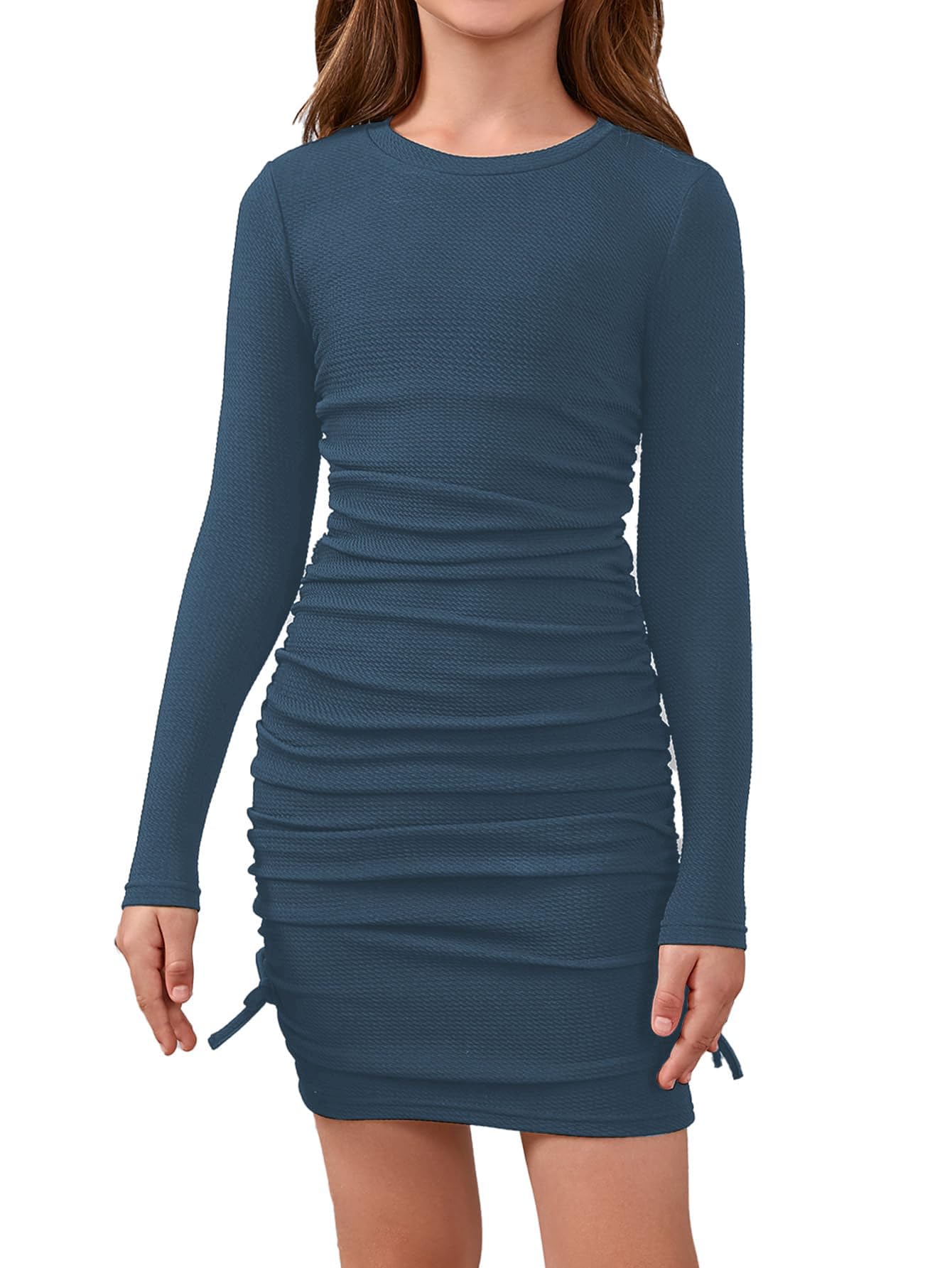 Photo 1 of OYOANGLE Girl's Ruched Knitted Long Sleeve Round Neck Dress Drawstring Side Short Dresses Teal Blue 11-12Y