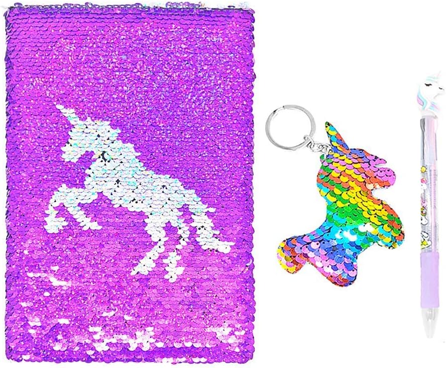 QearFun Unicorn Sequin Journal Mermaid Sequin Notebook with Ballpoint Pen Reversible Sequin Journal Flip Sequin Notebook for Kids Girls Diary Unicorn Journal Gifts (Purple)