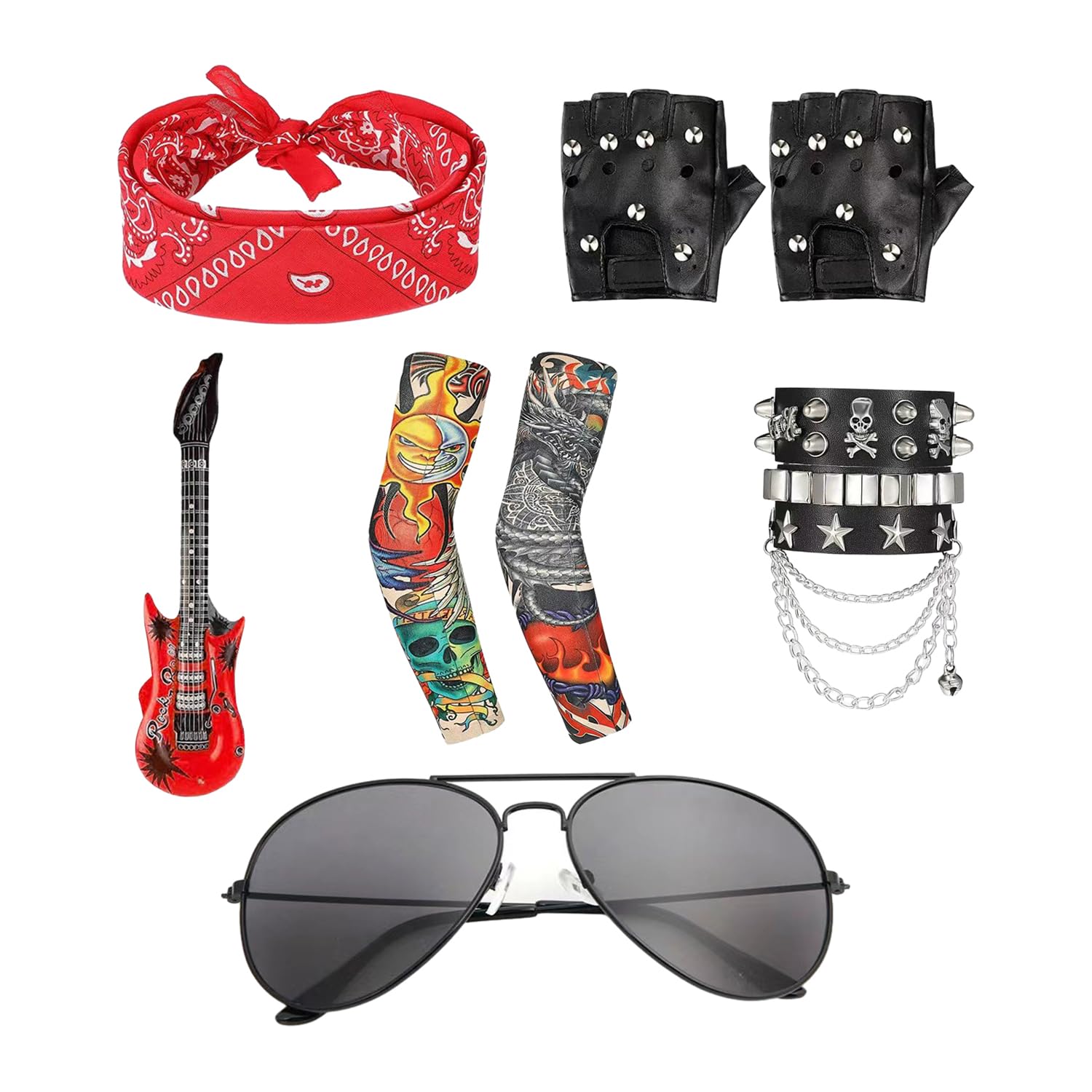 MEMOFYND 8 Pieces Heavy Metal Suit, Rock Star Costume, Punk Accessories, Disco Costume Fancy Dress for Boys and Girls, Cosplay, Rocker Suitable Events, Parties, duizhongjinshutaozhuang