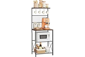 Gewudraw Kitchen Bakers Rack, Microwave Stand 4 Tiers, Kitchen Storage Rack with 4 Hooks - Rustic Brown (No Power Outlets)