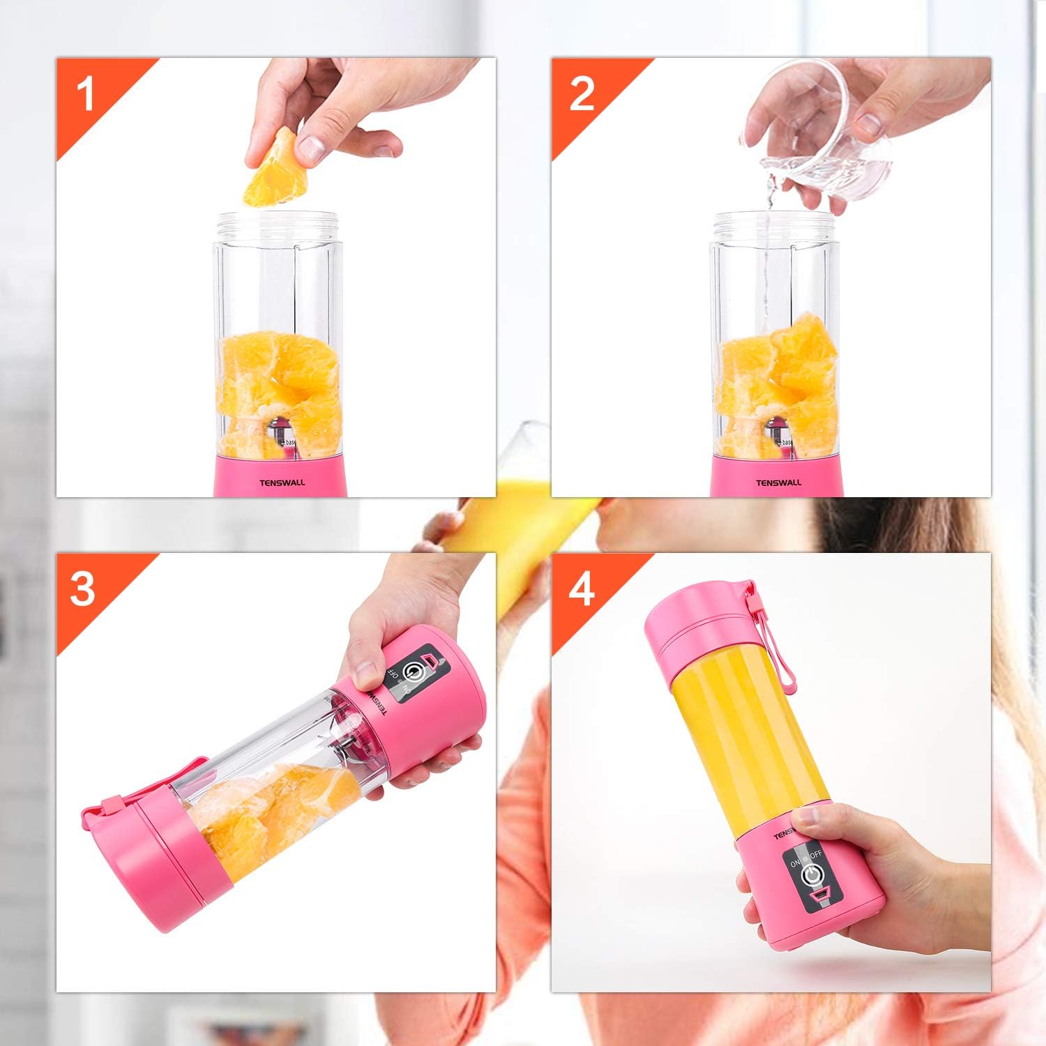 Tenswall Portable, Personal Size Blender Shakes and Smoothies Mini Jucier Cup USB Rechargeabl, pink: Kitchen & Dining