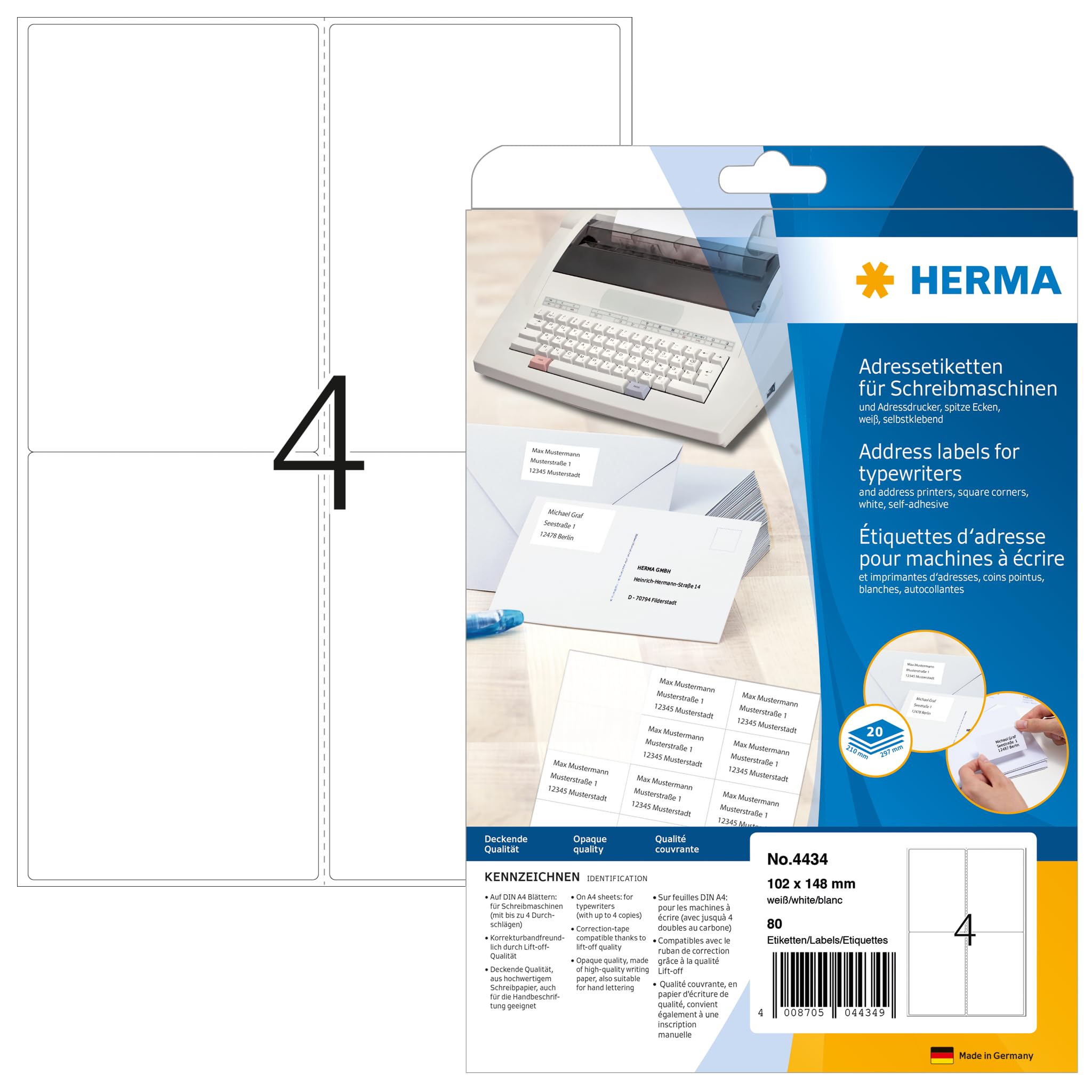 HERMA Self Adhesive Typewriter Address Labels, 4 Labels per A4 Sheet, 20 Sheets, 102 x 148 mm, 80 Labels, Blank Mailing Labels Stickers, Sticky Labels for Typewriter, White
