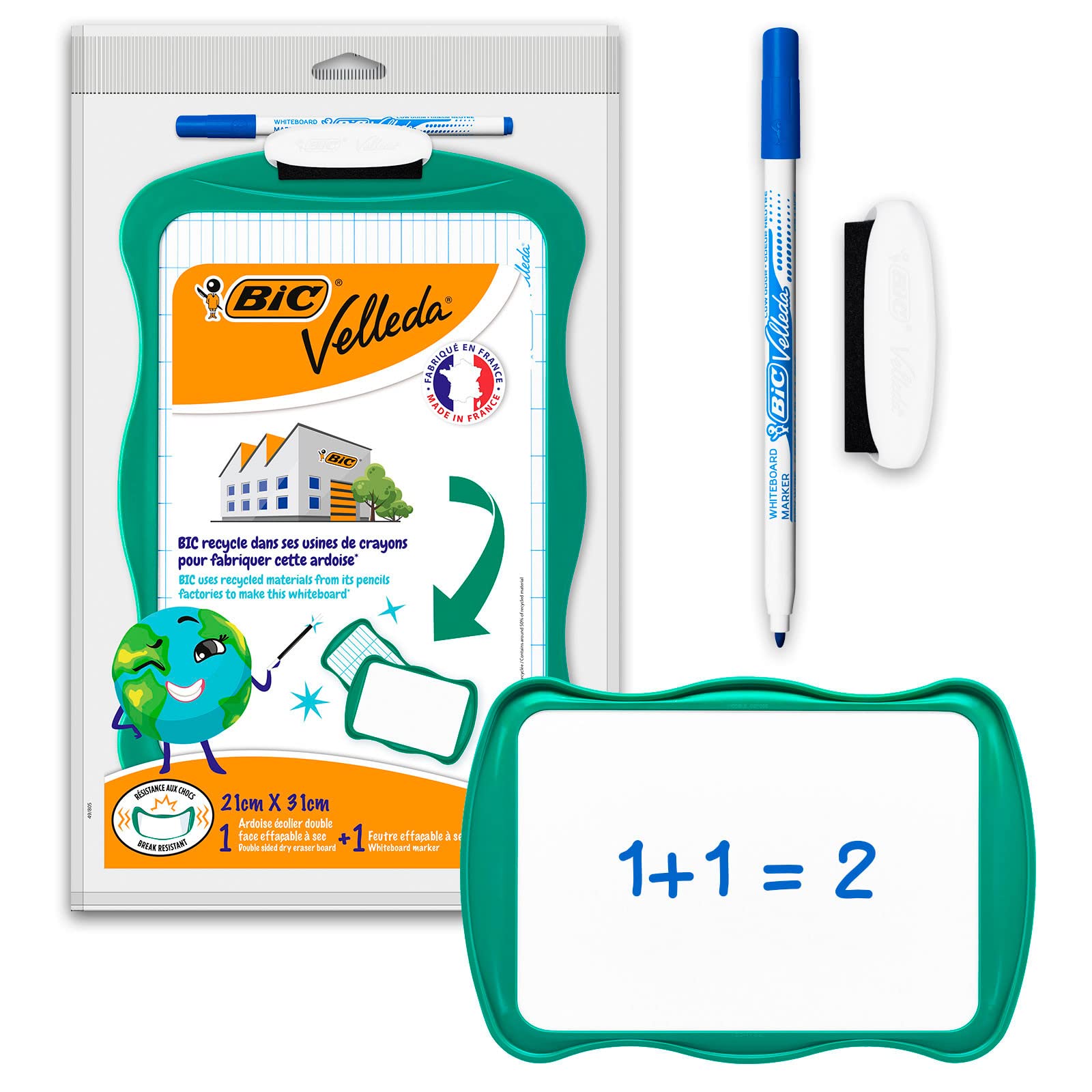 BIC Velleda Double-sided Whiteboard (21 x 31cm) with 2 Dry Erase Whiteboard Pens, Ideal for School, Pack of 1