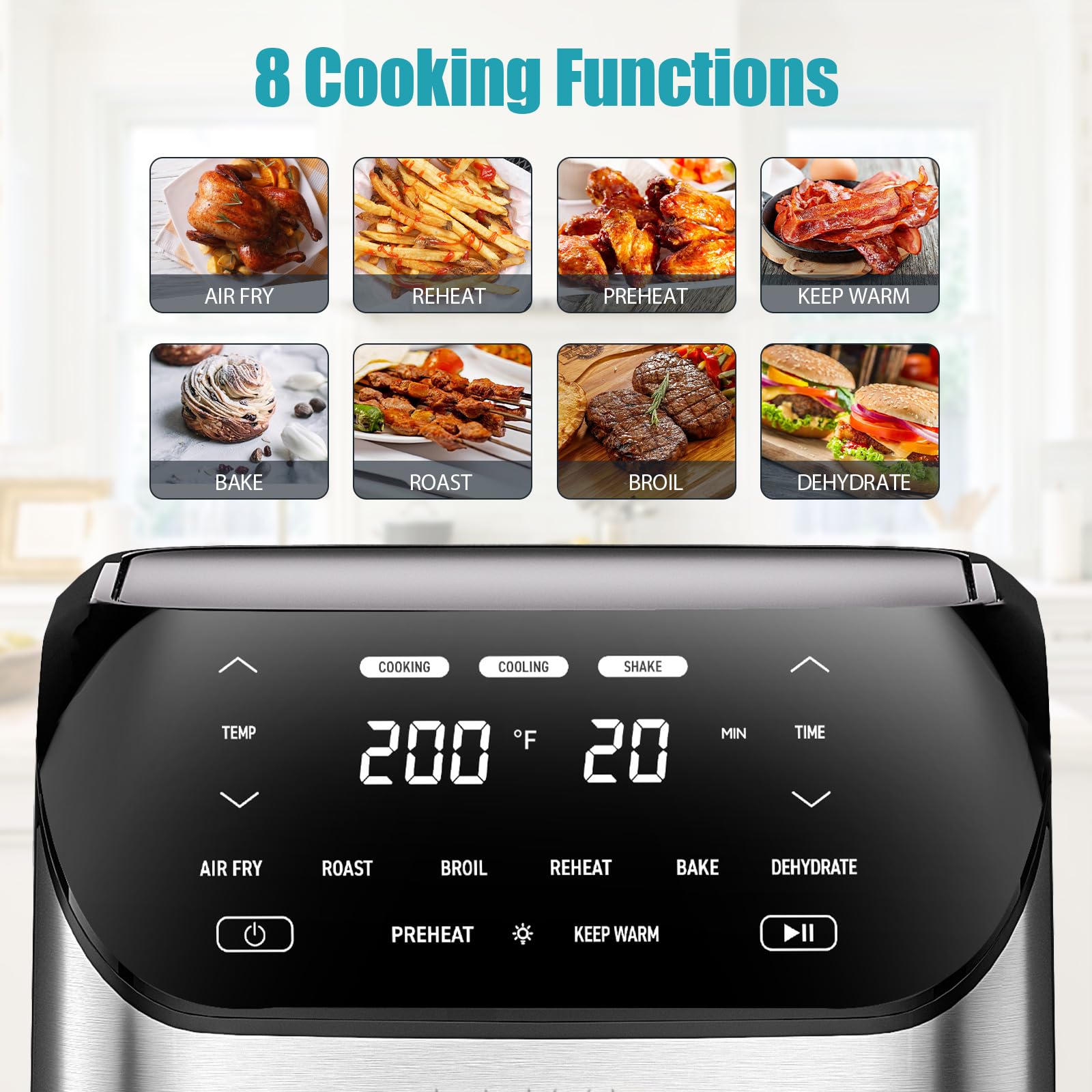 Freidora de aire 6.2 QT de gran capacidad sin aceite freidoras de aire caliente horno 1500 W cocina saludable con 10 preajustes, pantalla táctil LCD digital, ventana de cocción visual, cesta antiadherente, receta incluida (Plata-L)
