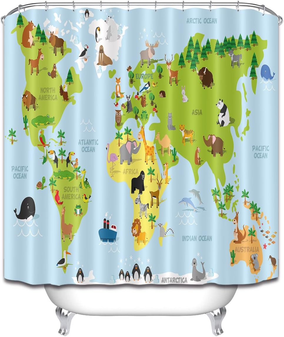 LB Cartoon World Map of Animals Oceans Stall Shower Curtain, Kids Global Map Decor for Bathroom, 59 W x 70 L Shower Curtain Set Waterproof