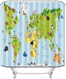 LB Cartoon World Map of Animals Oceans Stall Shower Curtain, Kids Global Map Decor for Bathroom, 59 W x 70 L Shower Curtain Set Waterproof