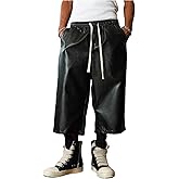 Verdusa Men's PU Leather Shorts Hip Hop Capris Wide Leg Bermuda Shorts with Pockets