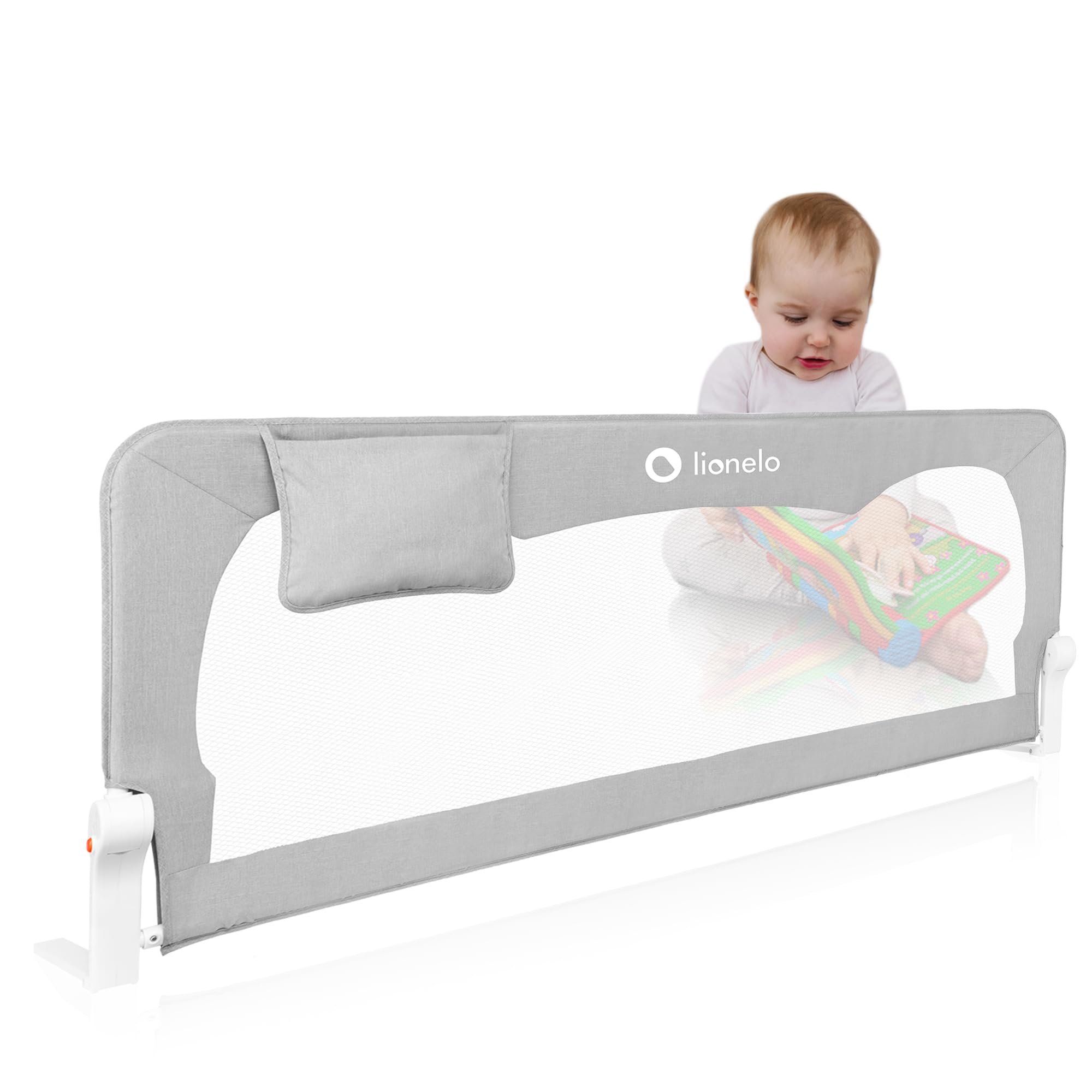 lionelo HANNA Bed Rail Guard 150L x 66H cm Extra-Tall Safety Bed Barrier for Toddlers, Foldable 180° with tilt adjustment, Mesh Fabric, SecureBelt Straps, Safe Lock, Pocket, Durable, Easy to Install
